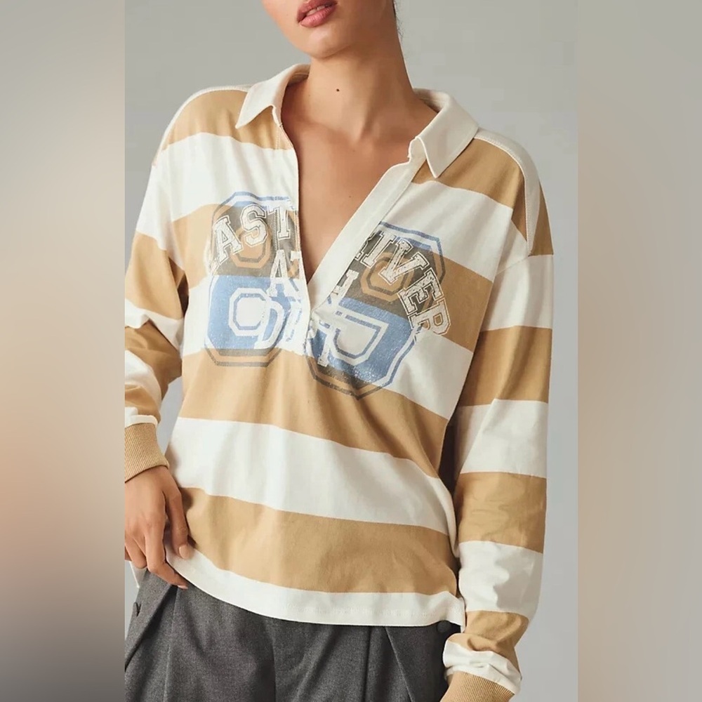 Casual Pilcro - Anthropologie Rugby Shirt Size M Long Sleeve Brown/Beige Stripe